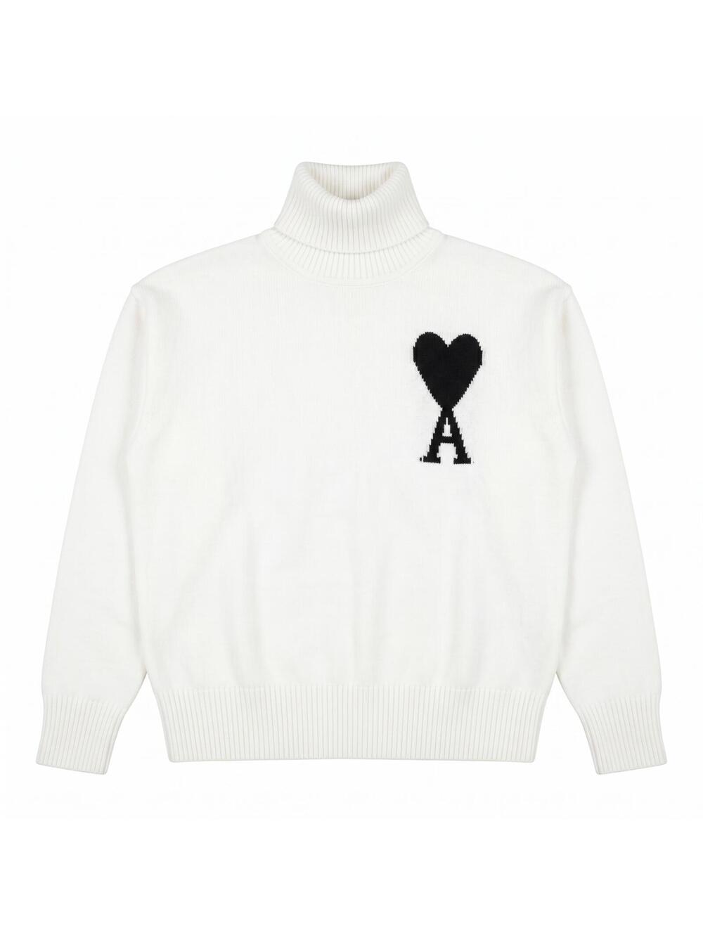 AMI Paris White Turtleneck Sweater with Black Heart Logo